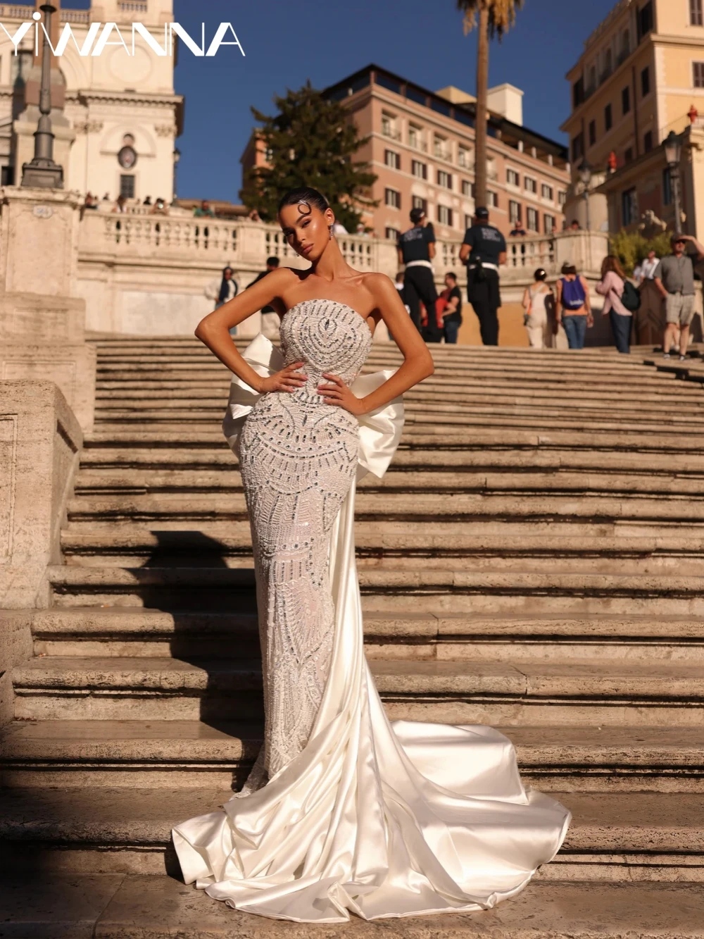 

New Beaded Mermaid Long Wedding Dress With Detachable Bow Train Luxury Shiny Strapless Bridal Gown Customized Dresses For Bride