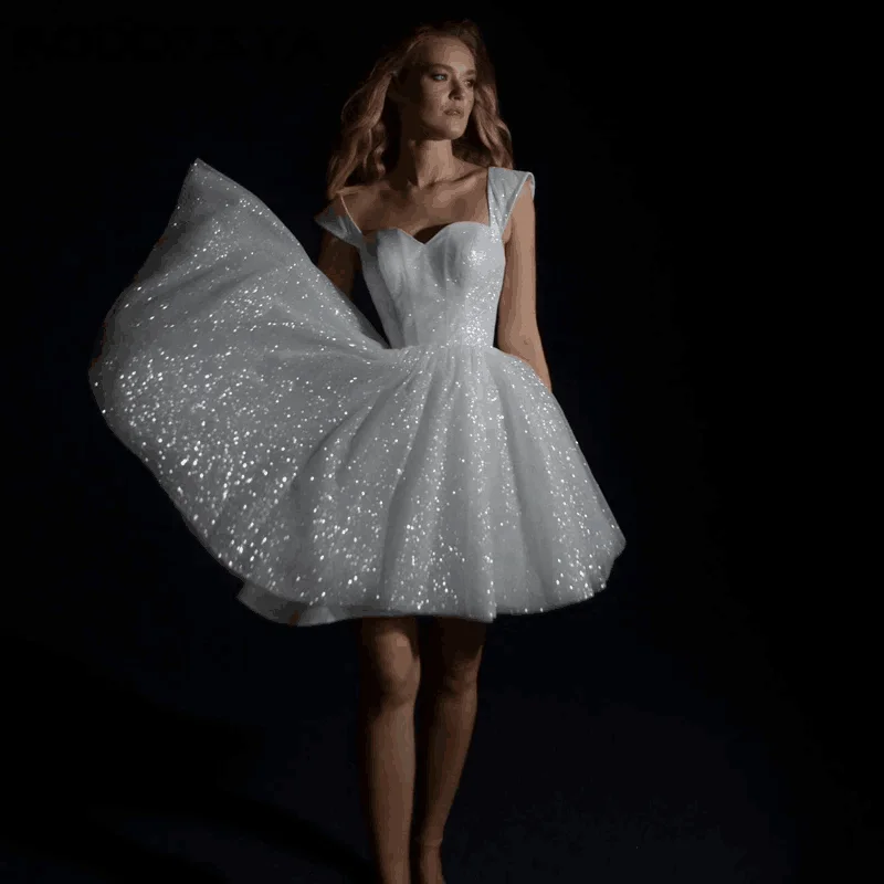 

Mini Wedding Dresses for Women Sparkling Tulle A-Line Vestidos De Novia Princess Sweetheart Off Shoulder Short Bridal Party Gown