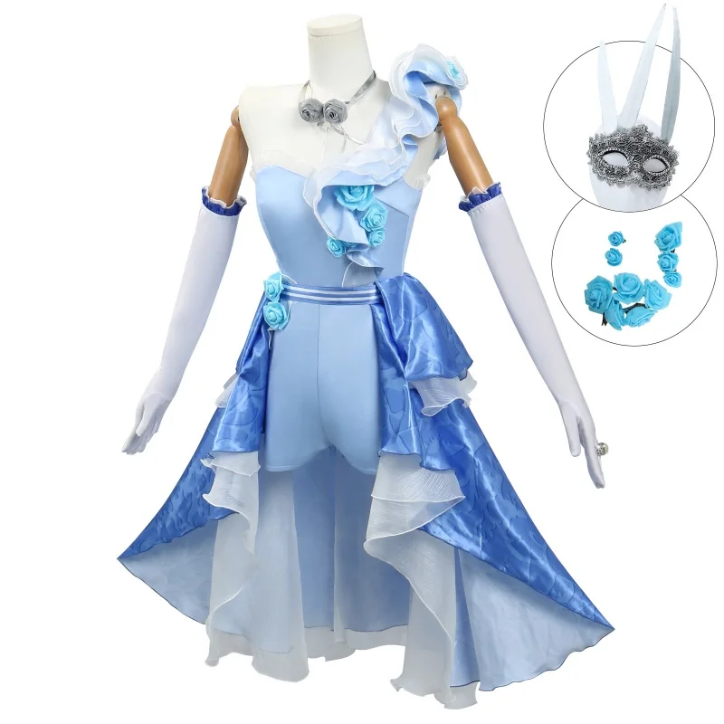 Identity V Demi Bourbon Cosplay Anime juego disfraz Barmaid vestido azul máscara accesorio peluca conjunto fiesta carnaval traje para mujer