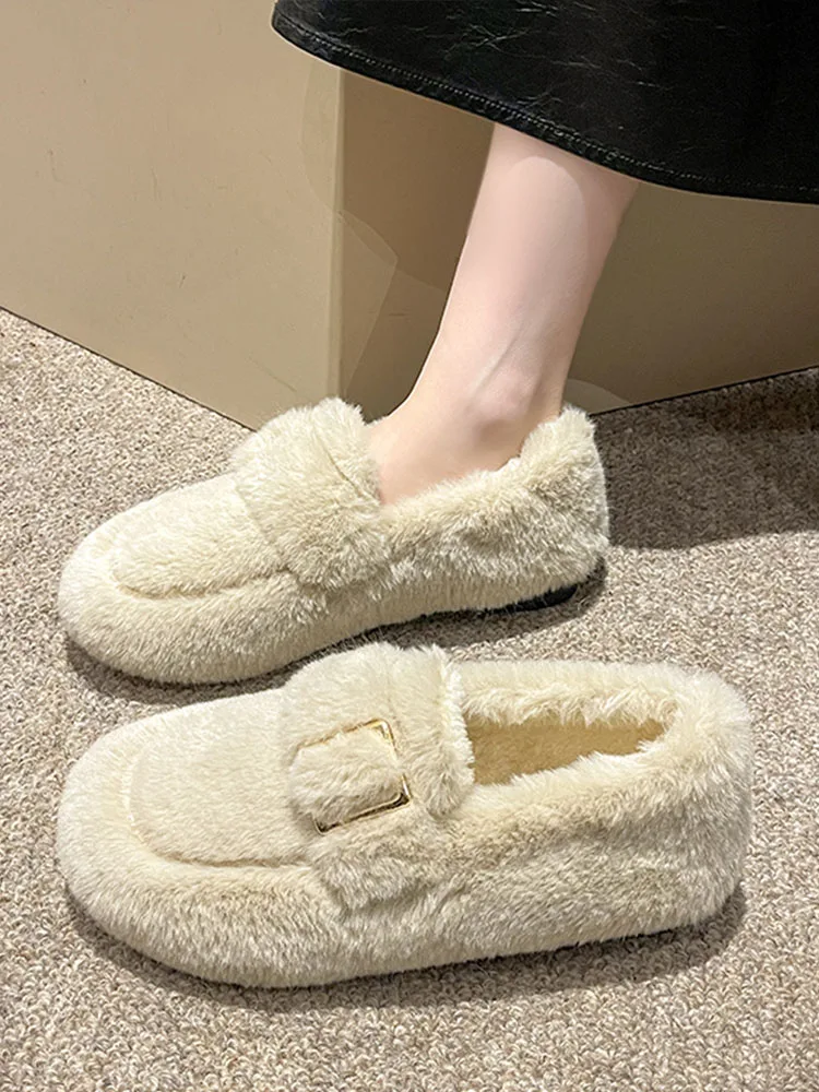 Casual Woman Shoe Modis Slip-on All-Match Round Toe Loafers Fur Shallow Mouth New Slip On Moccasin Winter Slip-On Leisure R