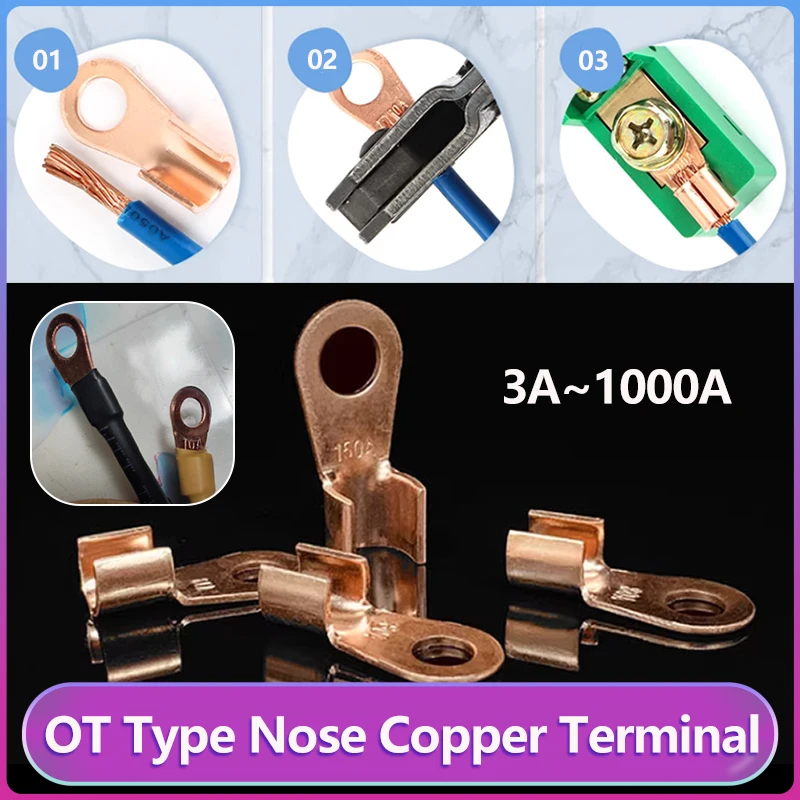 

3A~1000A OT Type Wire Terminals Open Mouth Copper Crimp Lugs Red Bare Nose Battery Lug Ring Crimp Cable Connector Clam Terminals