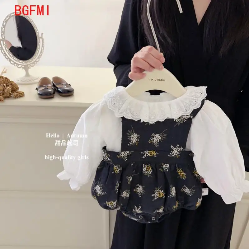 

1-3Y Korean Baby Set 2024 New White Shirt+Floral Rompersins Infant Girl Clothes Spring Fall Summer Toddler Two Piece Set Outfits