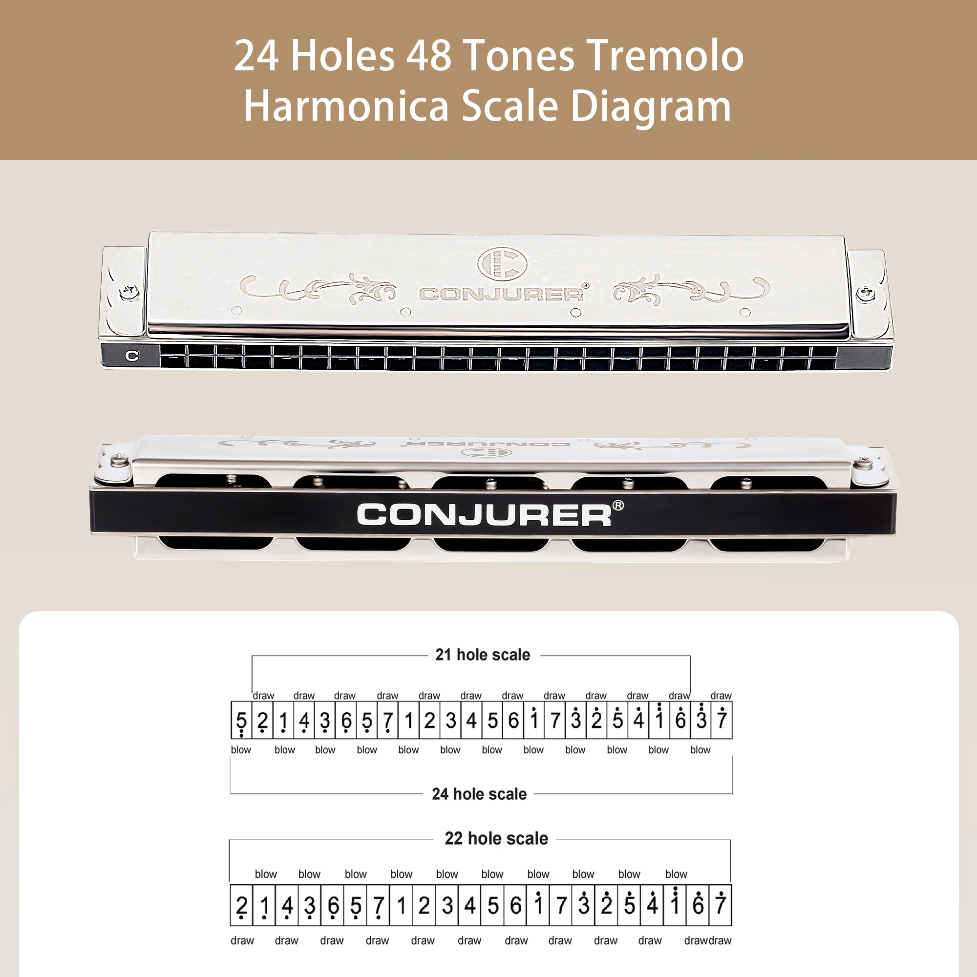 CONJURER 24 Hole Tremolo Harmonica Silver color for Beginners Adults Kids with case