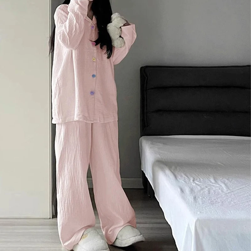 Pink Sleepwear Women Pajama Sets Piiama Autumn Pants Sets 2 Pieces Turn Down Collar Long Sleeve Night Wears Button Home Suit New