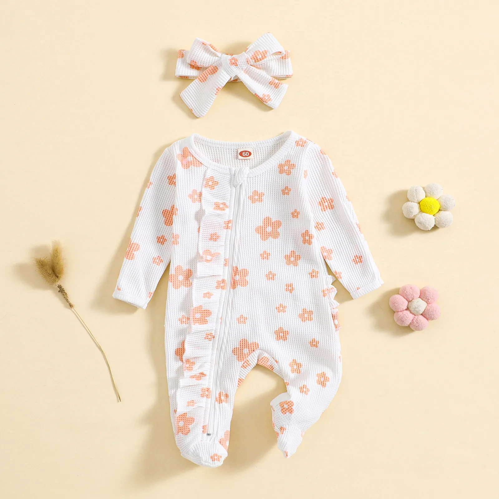 0-18M Newborn Infant Baby Girls Jumpsuit Floral Print Long Sleeve Zipper Romper Headband Fall Winter Outfits New born Costumes