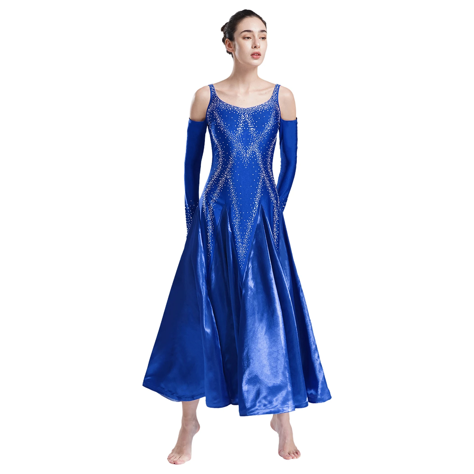 Womens Ballroom Dance Costume Dancewear V Neck Backless Cold Shoulder Dress for Waltz Lyrical Modern Dancing Performance Costume