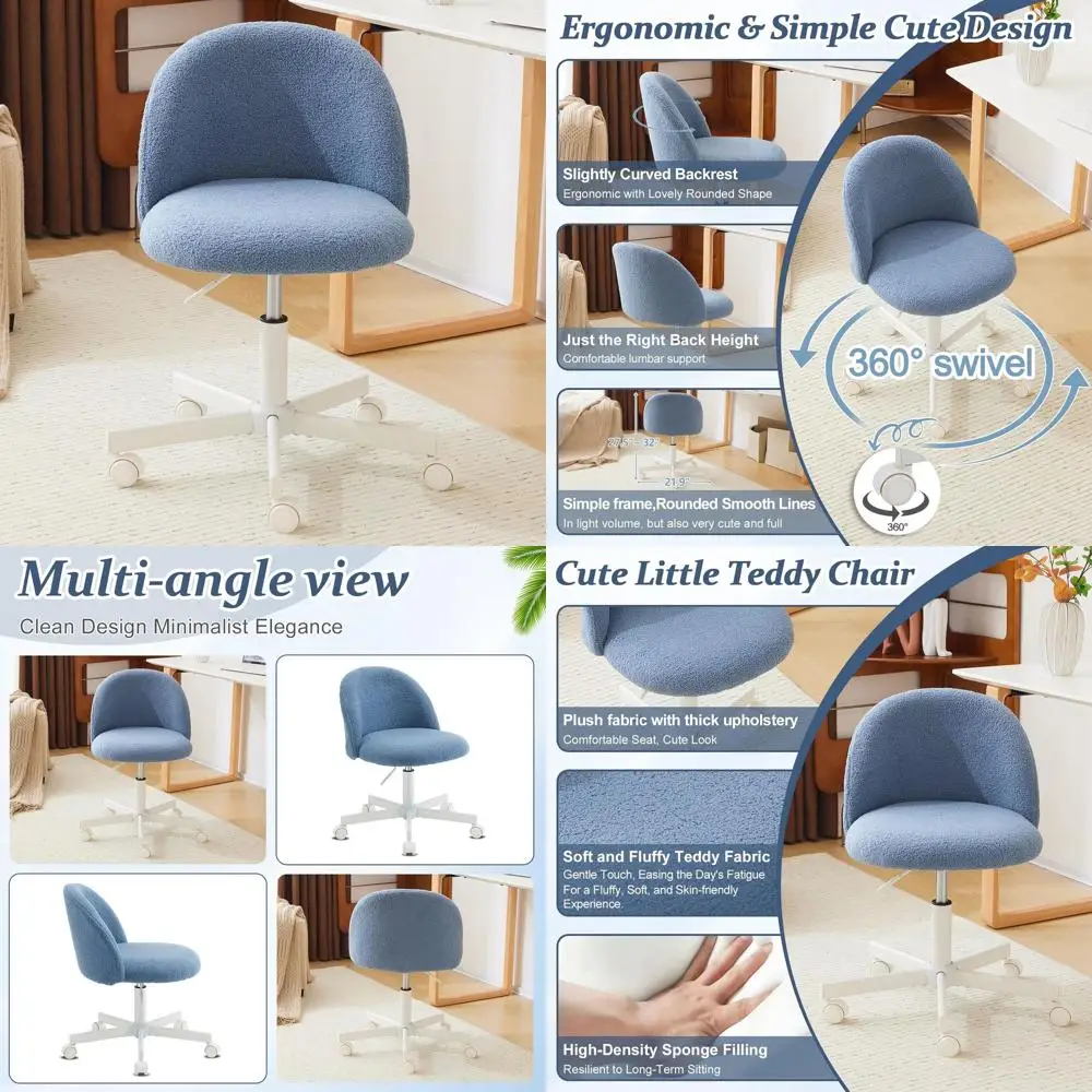 

Comfy Teddy Blue Swivel Chair with Wheels & Lumbar Support for Home Office Desk