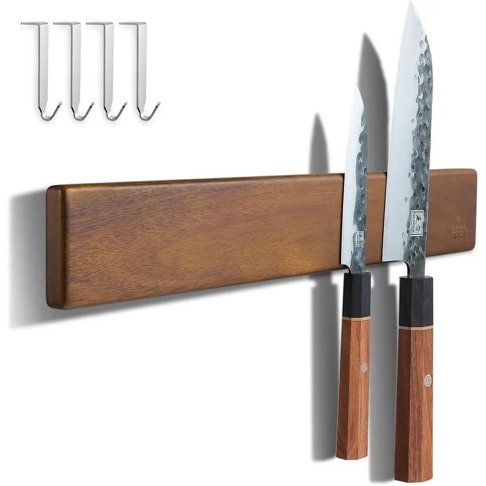 

16 Inch Magnetic Knie Holder or Wall - Acacia Wood Knie Strip with Gold-Stamping Magnetic Box - Powerful Knie Bar with 4 Hooks,