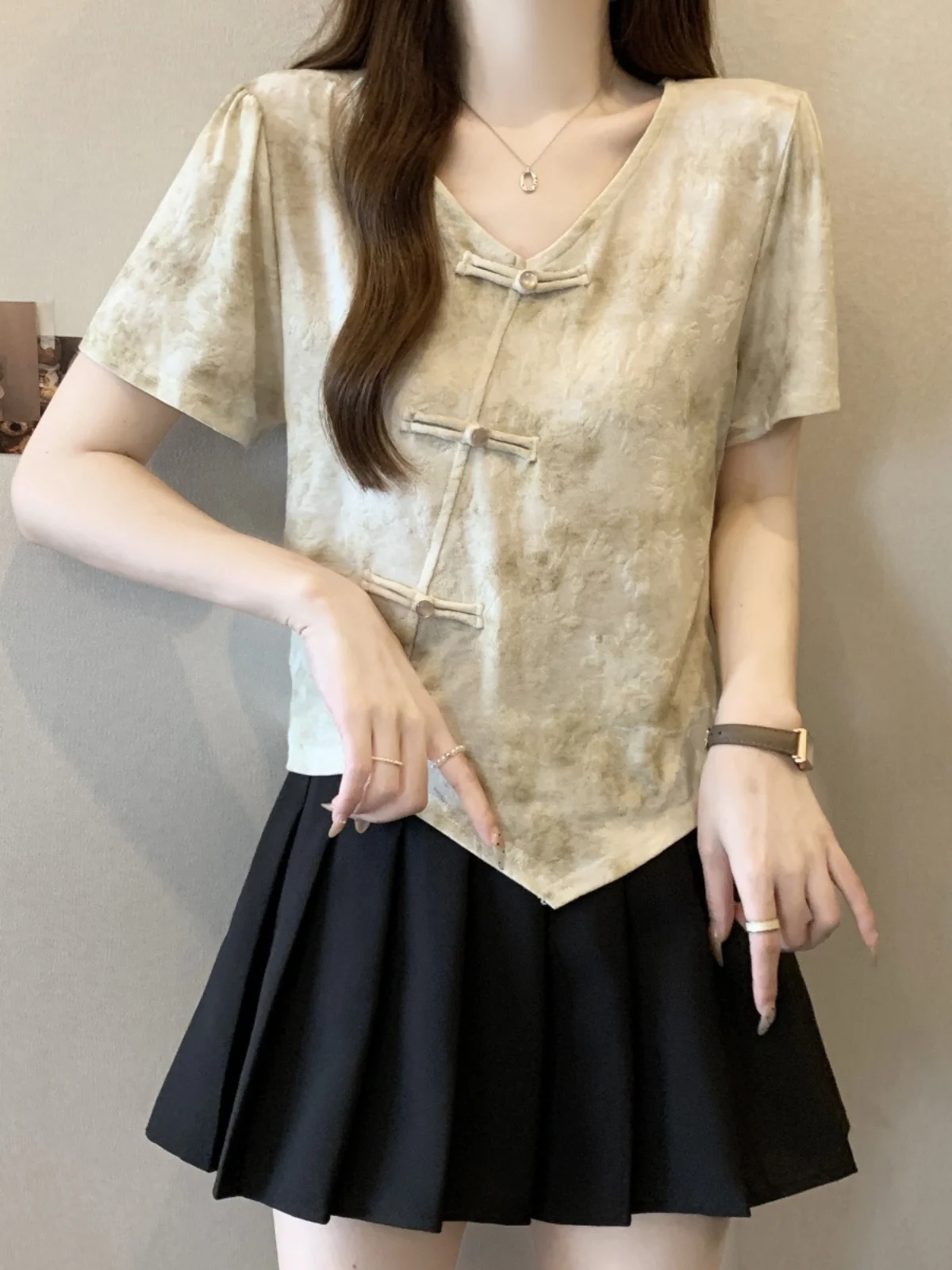 

Retro Chinese Style Short Sleeve T-Shirt Women's Summer plus Size Base Shirt Slimming Vintage National Style Button up Top