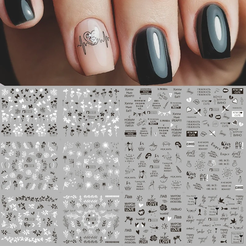 Black and White Love Letter Water Slider Stickers For Nails Sexy Girl Water Transfer Sticker Flower Leaf Manicuring Nail Supply