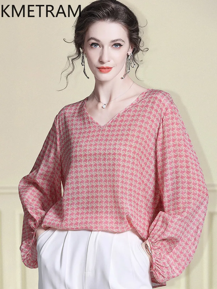 KMETRAM 100% Real Mulberry Silk T Shirts for Women Elegant V-neck Pink T-shirt Long Sleeve Summer Tops 2026 Woman Clothes топ