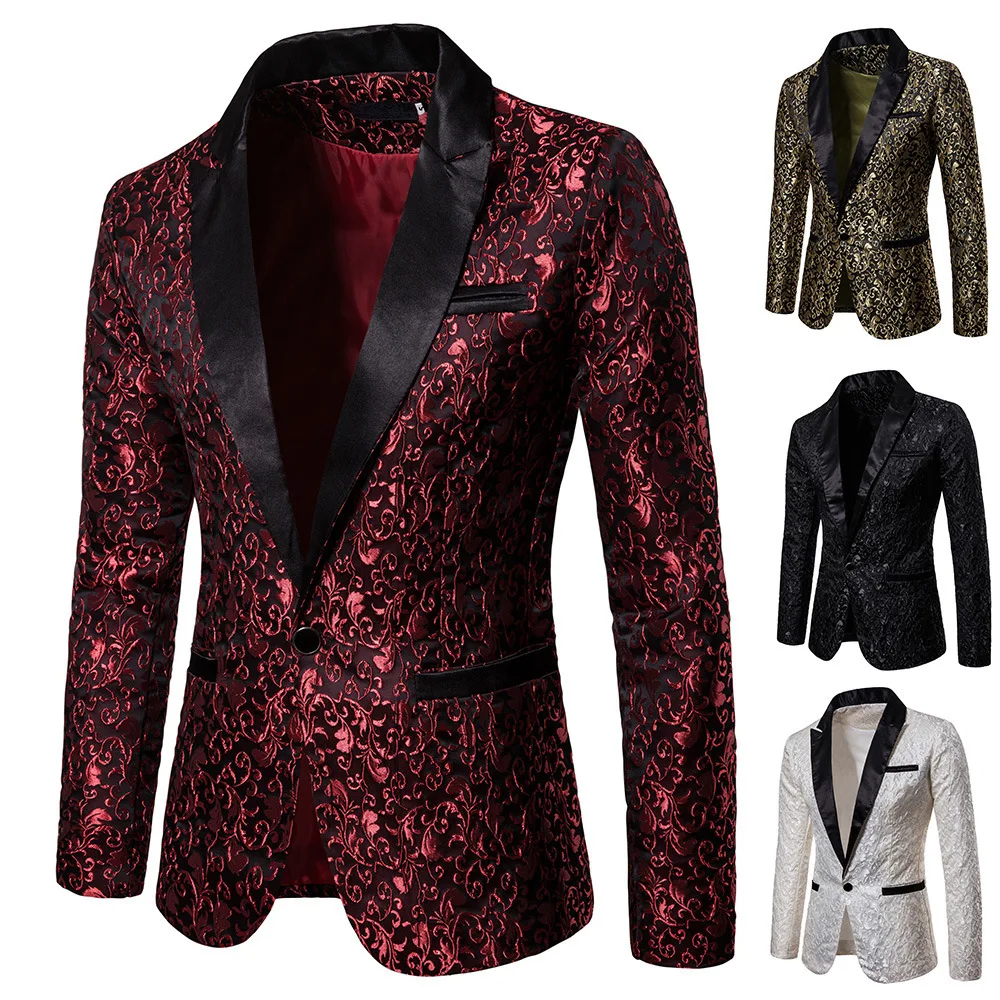 Blazer Men Coat Turn Down Collar Blazers Single Button Full Sleeve Jacquard Evening Work Casual Slim Fit Formal Jacket Spring