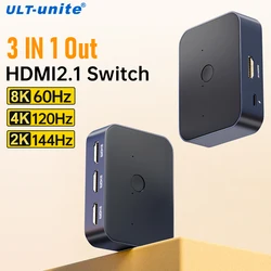 8K60Hz HDMI Splitter Switcher 3 in 1 Out 4K120Hz UHD HDMI Switch Box Hub Compatible with PS5 Xbox Roku Apple TV Fire Stick