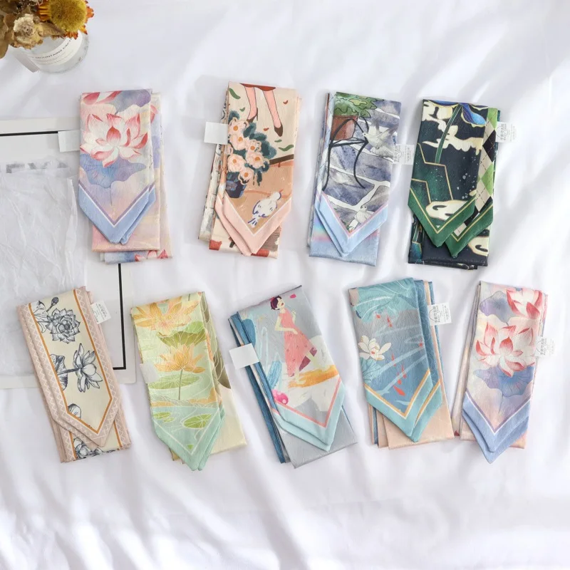 New Summer Print  Lotus Small Scarf Handle Bag Ribbons Fashion Head Scarf Small Long Skinny Scarves Headbands Scarf For Women