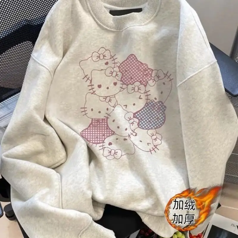 

Женская толстовка Sanrio Hello Kitty на флисовой подкладке, осенне-зимняя, веселая, милая, с круглым вырезом, свободного кроя, молодежная, новинка, утепленная