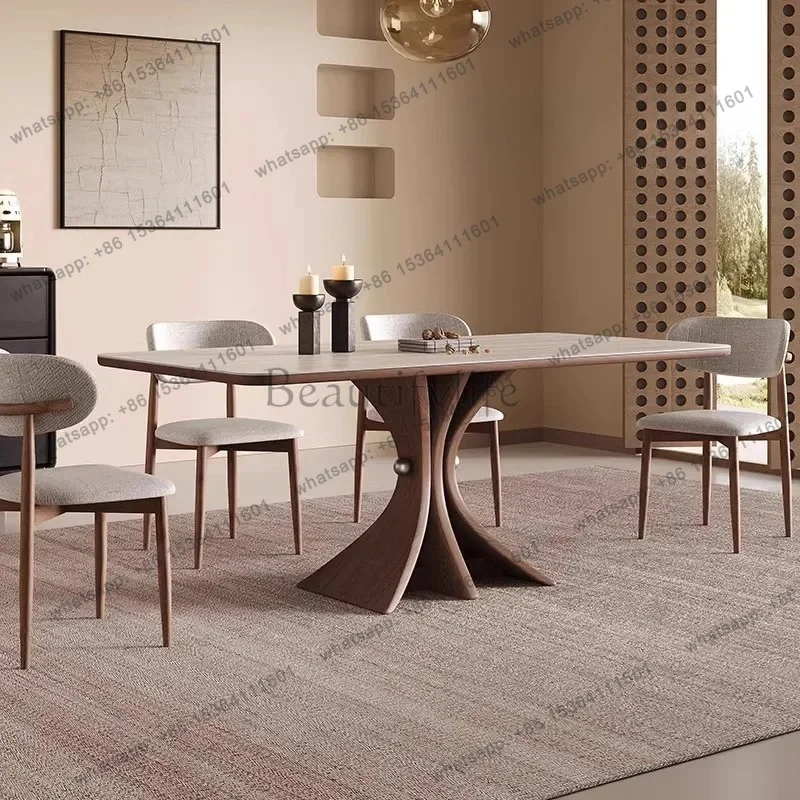 zj.French Solid Wood Travertine Rock Slab Dining Table Restaurant Household Rectangular Rock Slab Dining Table Against The Wall