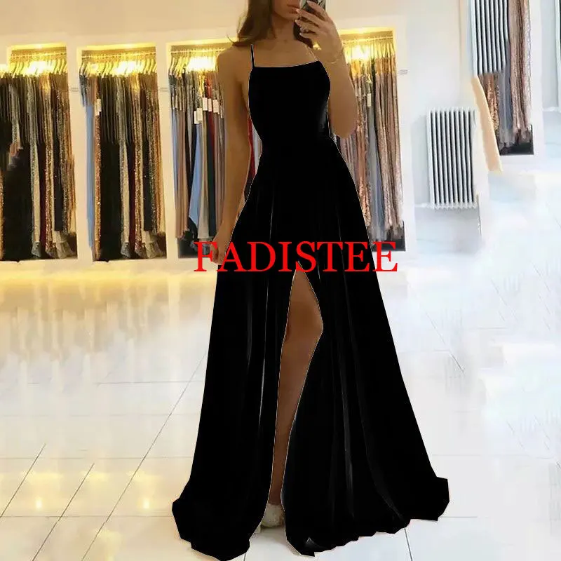 Novo estilo de cetim vestidos de baile alças espaguete dividir vestidos de noite vestidos de fiesta a linha longo vestidos formais roupões de soirée