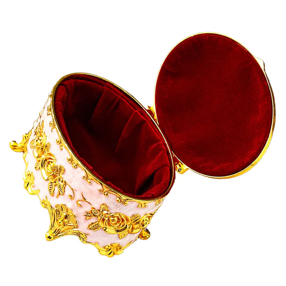 

Vintage Style Enamel Jewelry Storage Box Metal Oval Shaped Smooth Inner Desktop Trinket Case For Earrings Rings Necklaces