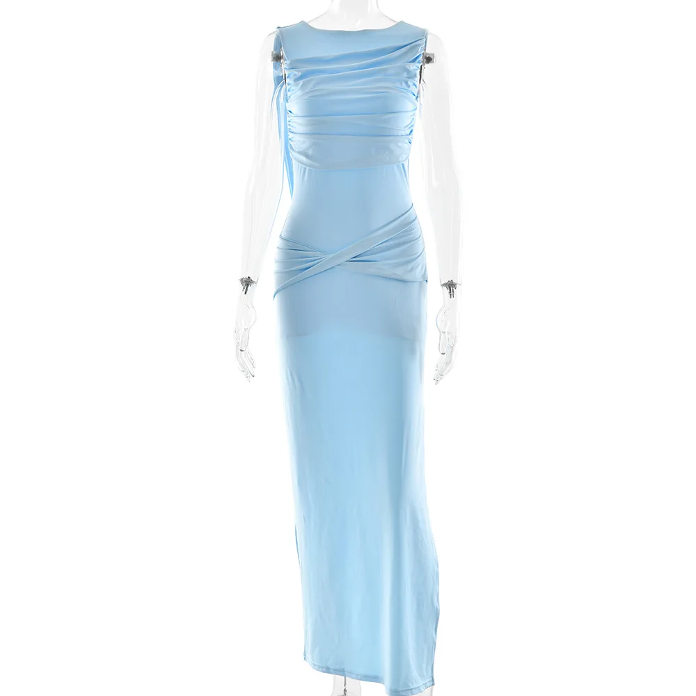 

Round Neck Seeveless Backless Ruched High Split Long Dress