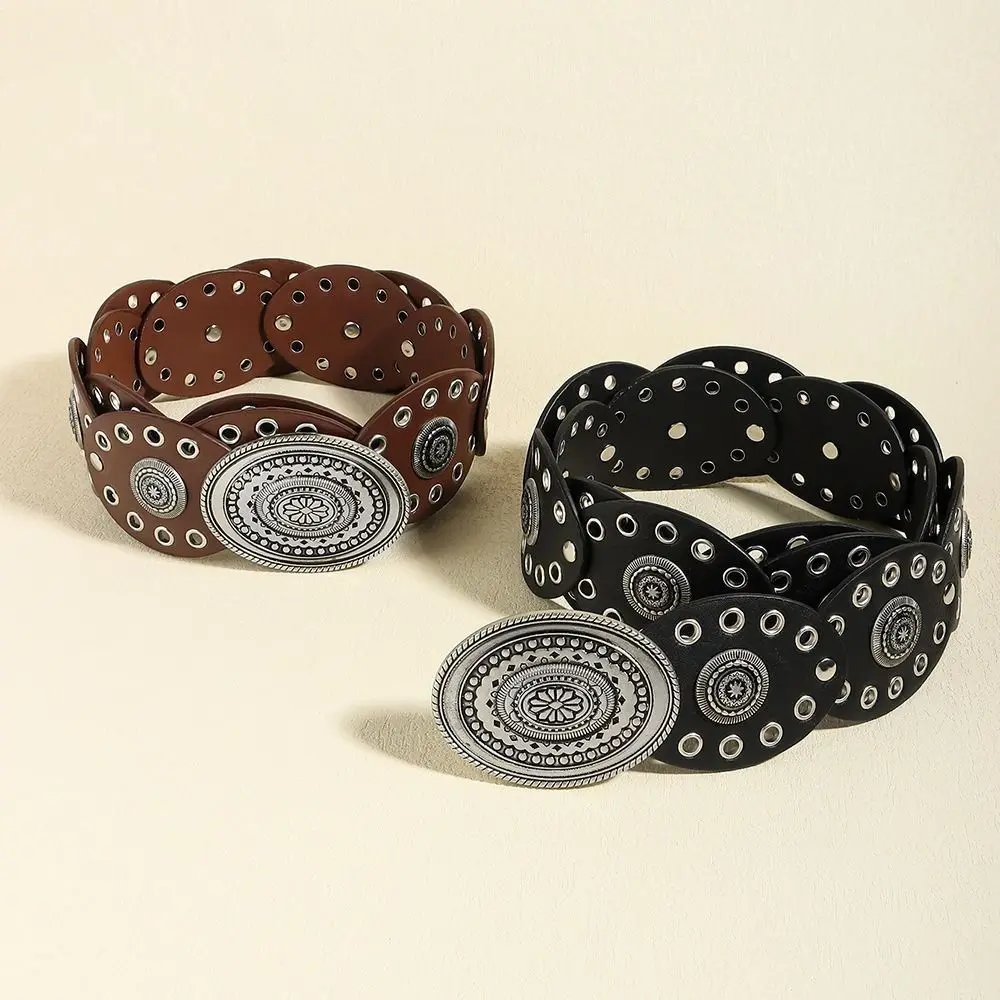 Cintura da donna vintage di nicchia in pelle PU Y2k cintura ovale in vita punk nero marrone abito jeans cintura accessori in vita