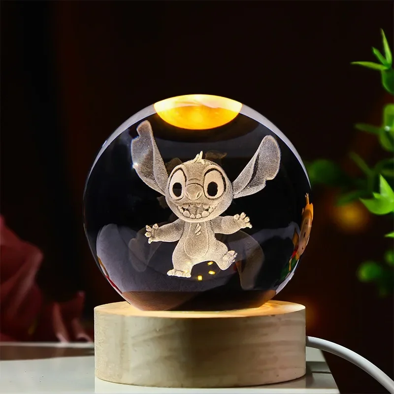 Hot 6cm Anime Cartoon Disney Stitch 3D Crystal Ball Lilo & Stitch Crystal Planet Night Light Laser Carving Children\'s Gifts Toys