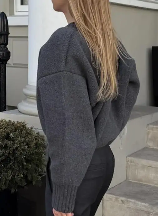 الخريف بلون الخامس الرقبة بسيطة فضفاضة محبوك سترة للنساء، عارضة ومريحة فضفاضة طويلة الأكمام محبوك سترة