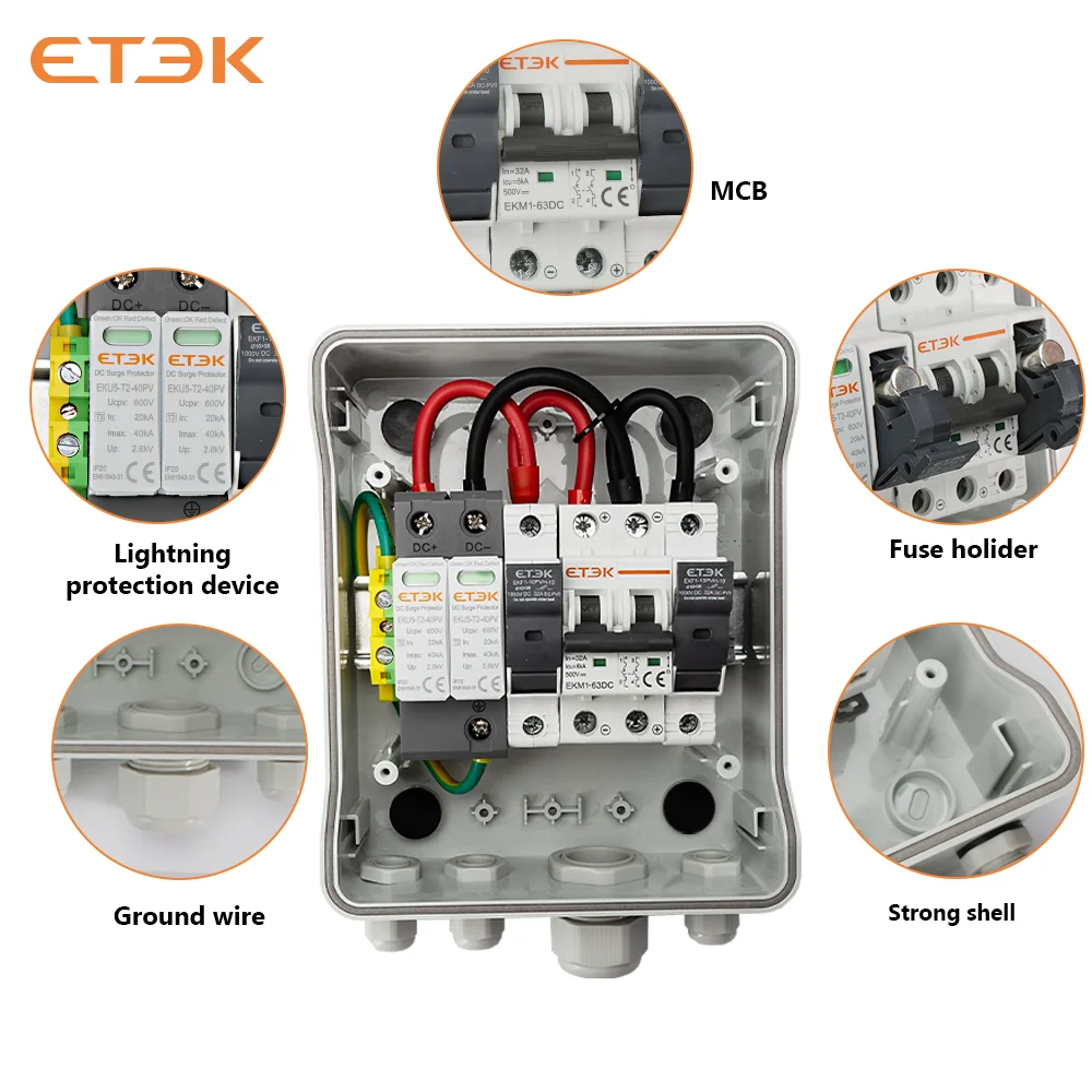 ETEK 태양광 DC 방수 PV 컴바이너 박스, 번개 보호, 1 스트링 입력, 1 스트링 출력, IP65, 500V