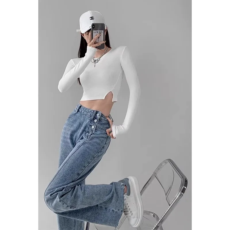 ハイウエスト ジーンズ レディース ルーズフィット ストレート レッグ パンツ ドレープ ワイドレッグ デニム パンツ