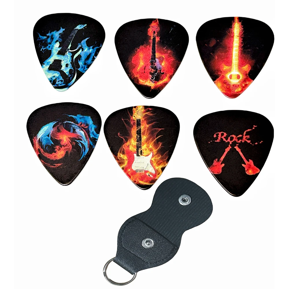 6 pcs PVC Guitar Picks With Pu Carrying Pouch set ,  Double-sided printing ，For ukulele，Electric ，Acoustic Guitars, Ideal Gift