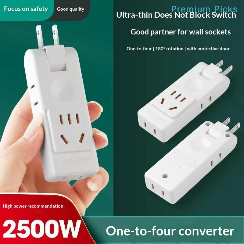 portableUltra Slim Wall Outlet Extender With 2500W 4 Outlets 180°Rotation For Home