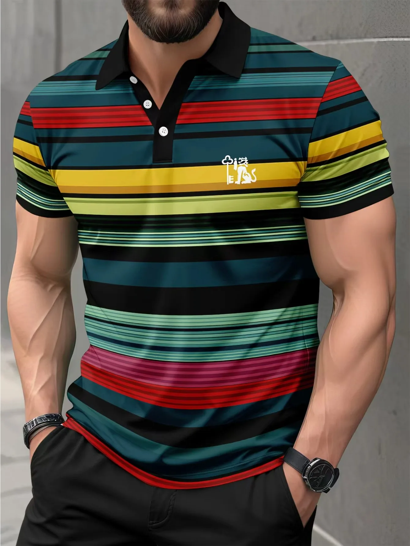 2026 Summer New Style Men's Short-Sleeved Polo Shirt with 3D Stripes Pattern Print - Street Casual Fashion Comfortable and Soft