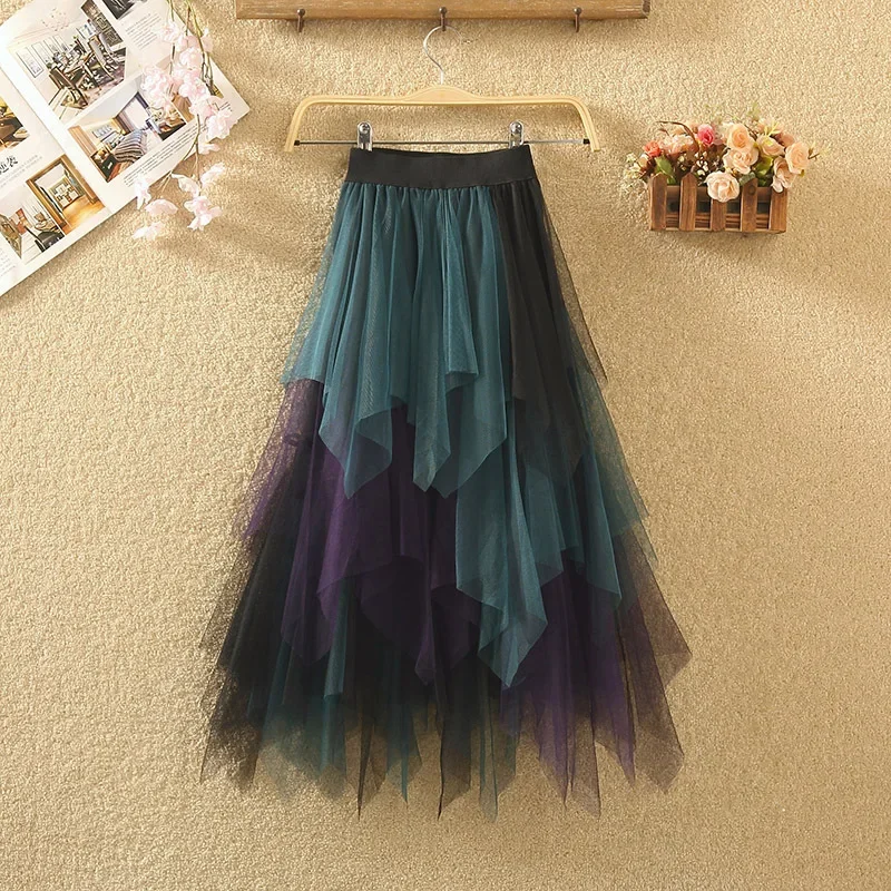 Women Tulle Skirt Irregular Mesh Gauze Petticoat Female Patchwork Sweet Girl A-line Long Skirt Multicolor Cute Voile Dance Dress