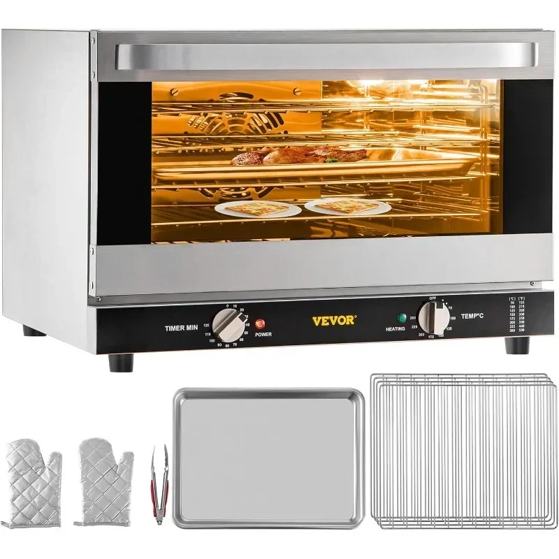 VEVOR Commercial Convection Oven, 47L/43Qt, Half-Size Conventional Oven Countertop, 1600W 4-Tier Toaster w/Front Glass Door