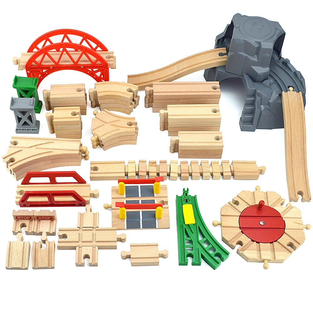 Accessoires de voie ferrée en bois de hêtre pour enfants, rail de train, pont, pièces de script, compatible avec Biro, pistes toutes marques, jouets créatifs