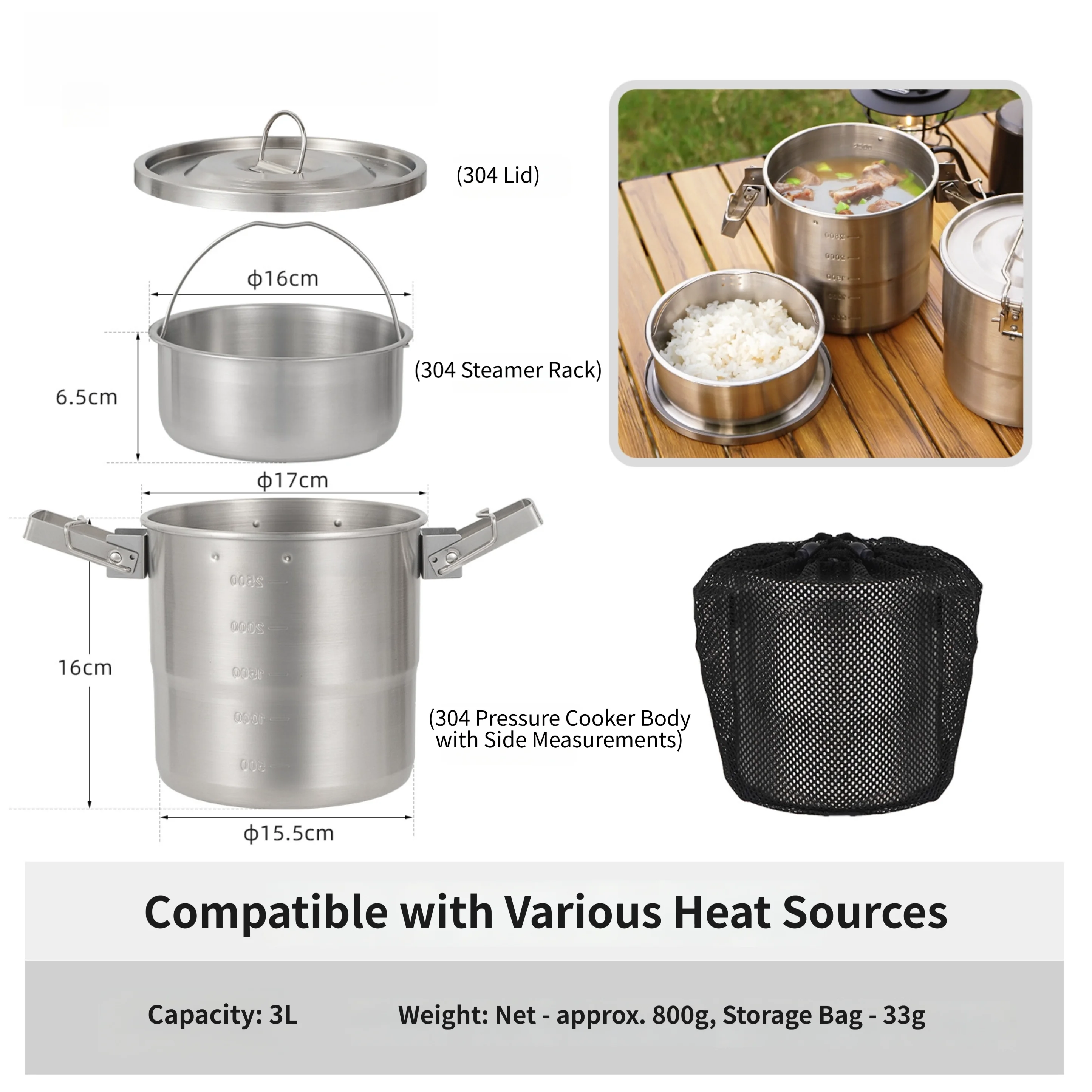 หม้อทำอาหารสแตนเลสแบบพกพา 3 ลิ - Camping Cooking Set Compact บทวิจารณ์และราคา