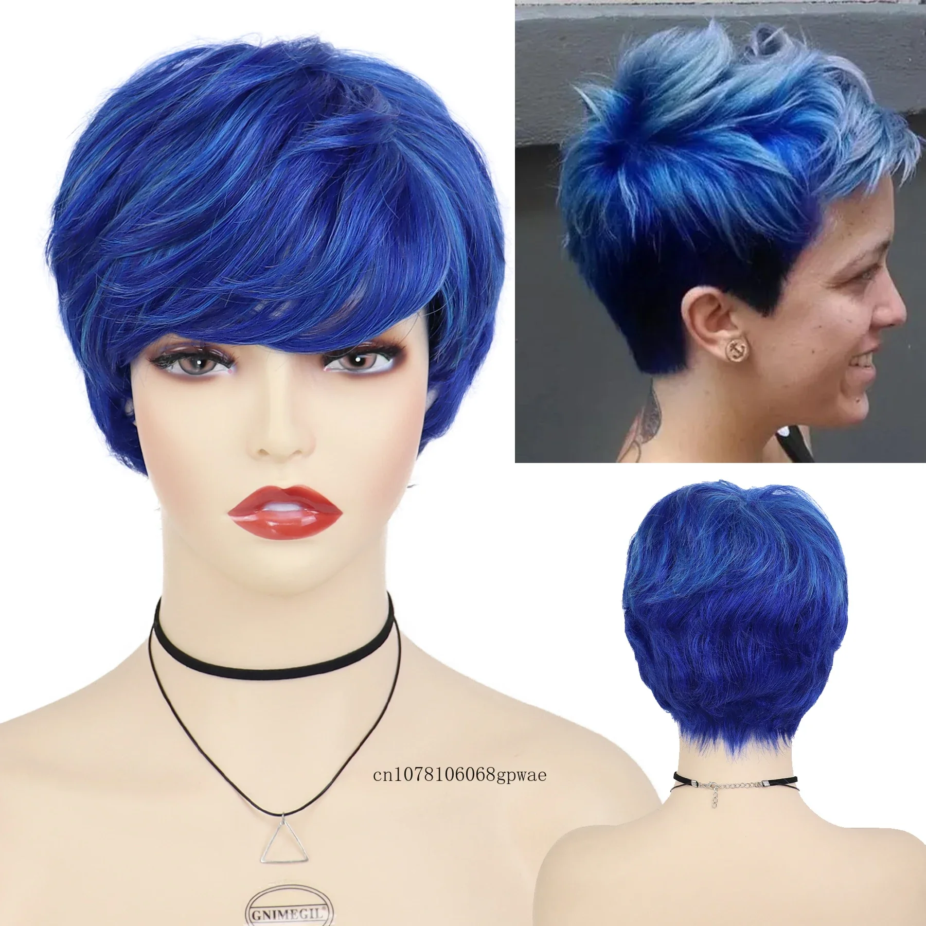 Peluca de pelo sintético de Anime azul con flequillo para mujer, pelucas cortas de corte Pixie, disfraz de Halloween, fiesta de Carnaval, resistente al calor