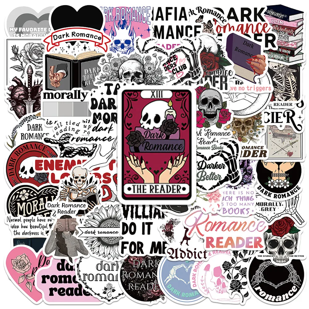 

50pcs Aesthetic Dark Romance Reader Stickers Cartoon Bookish Sticker Luggage Laptop Guitar Phone Waterproof Vinyl Book Decals