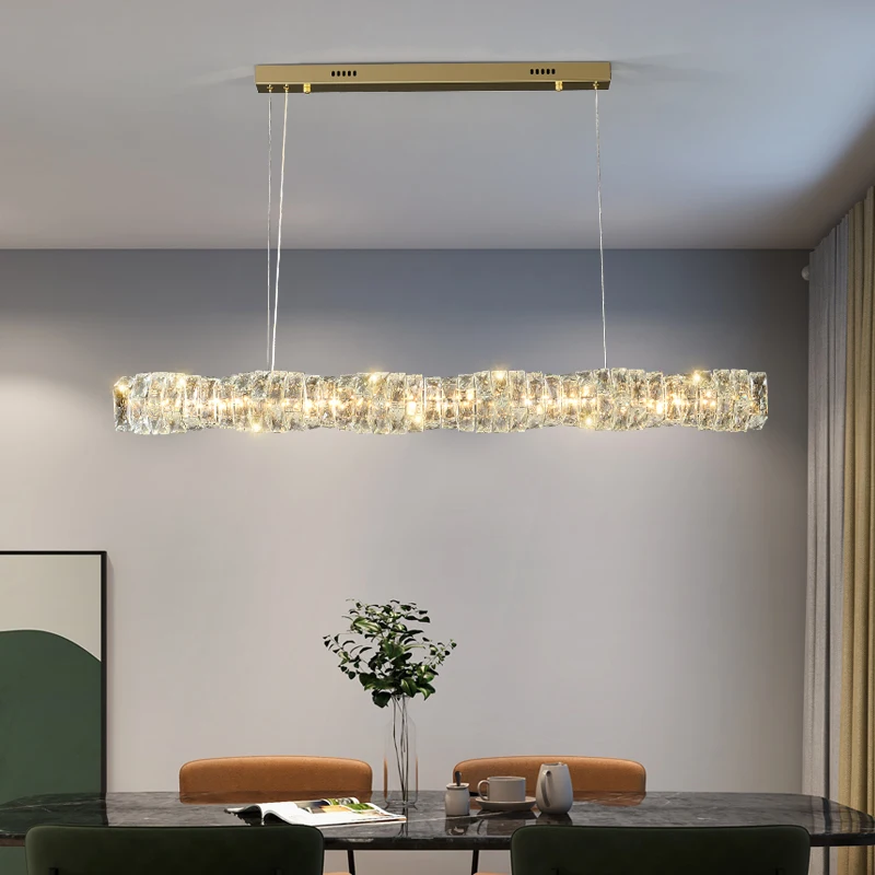 Modern Luxury Crystal Hang Lamp Gold Chrome Metal Dar Dining Room Long Strip Pendant Light for Kitchen