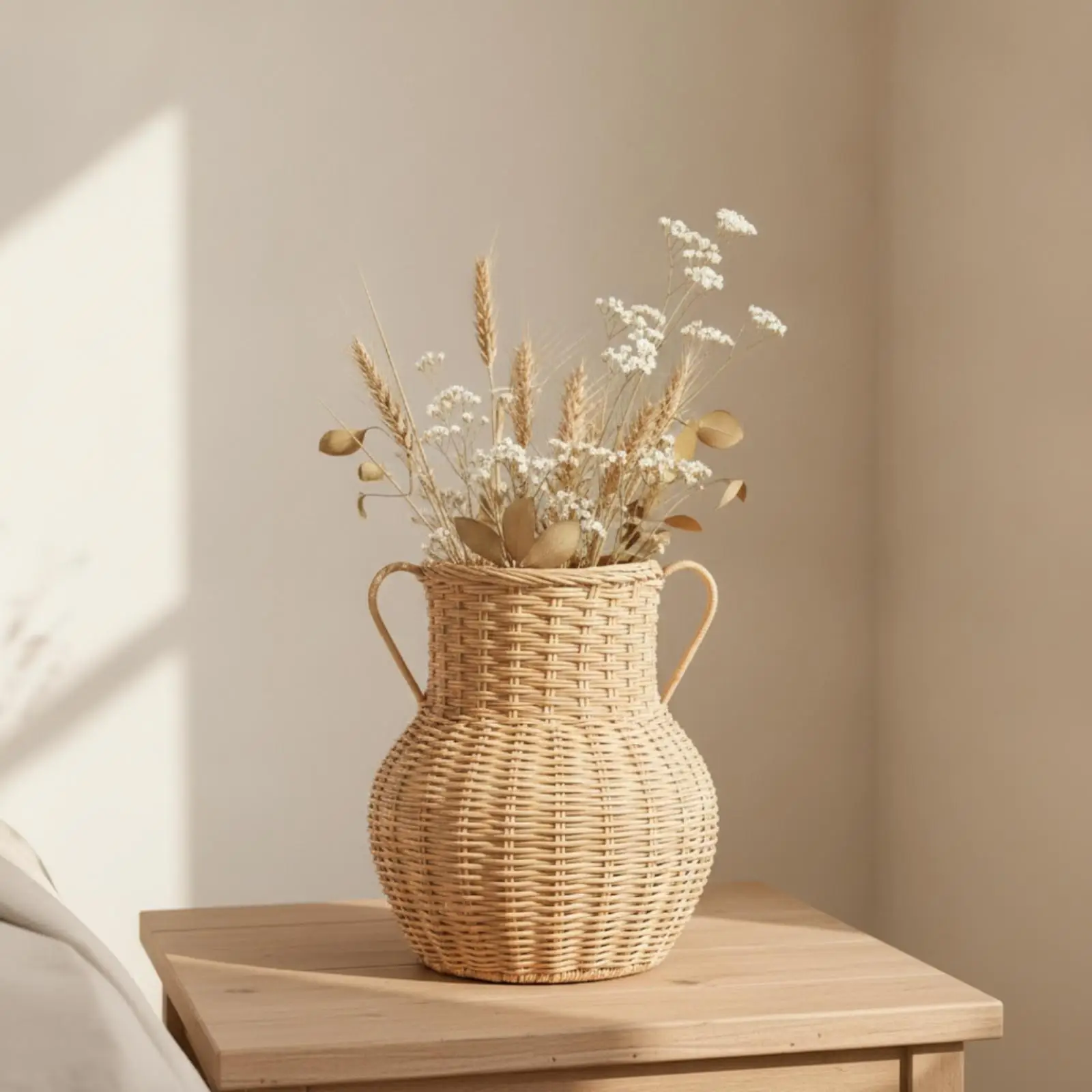 Handwoven Rattan Vase Amphora Silhouette for Dining Table Styling Decorative Piece with Basket Texture Boho Farmhouse Accent