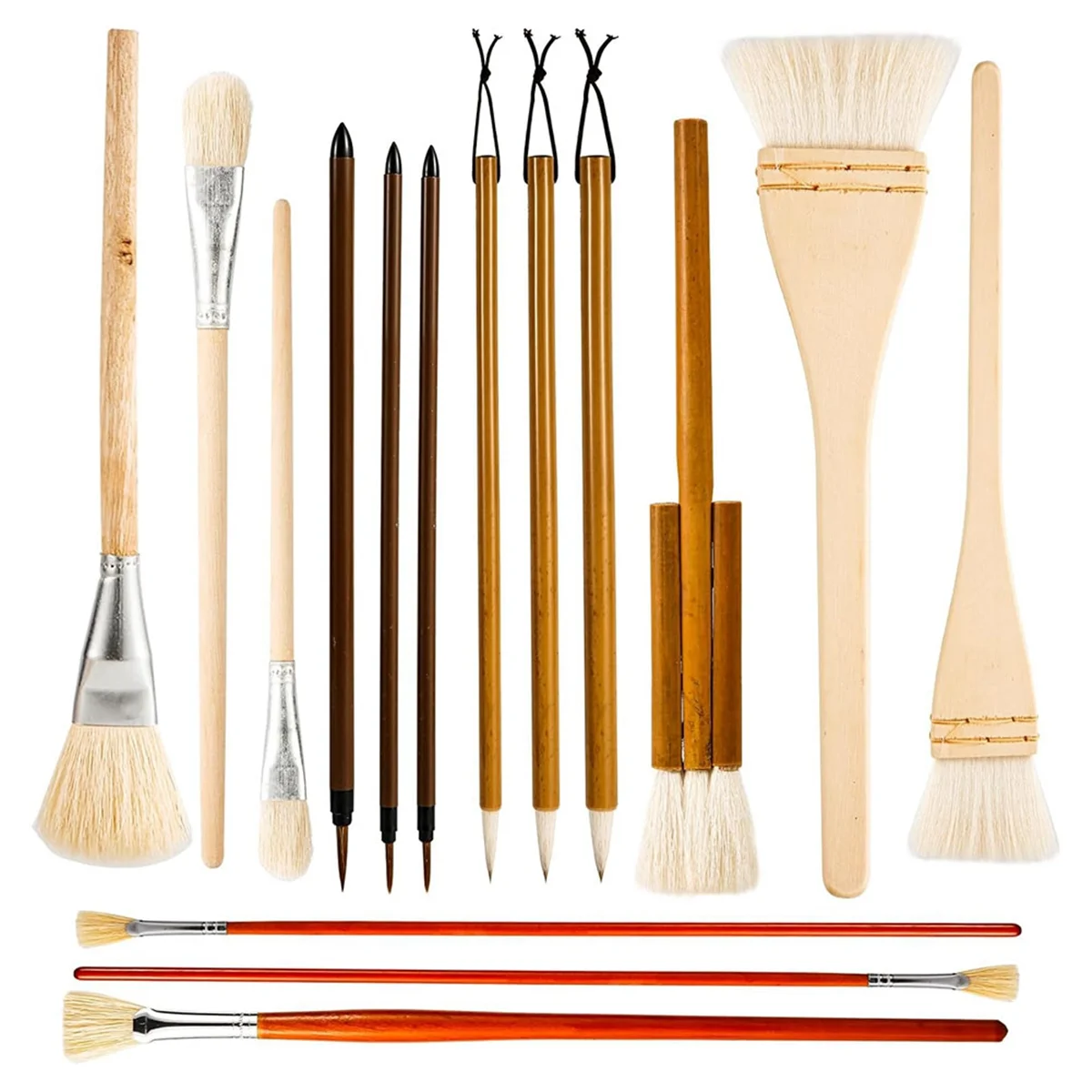 15Pcs Pottery Glaze Brushes,Wood Long Handle Artist Fan for Acrylic Watercolor Pottery Oil Painting Students Kids Adults