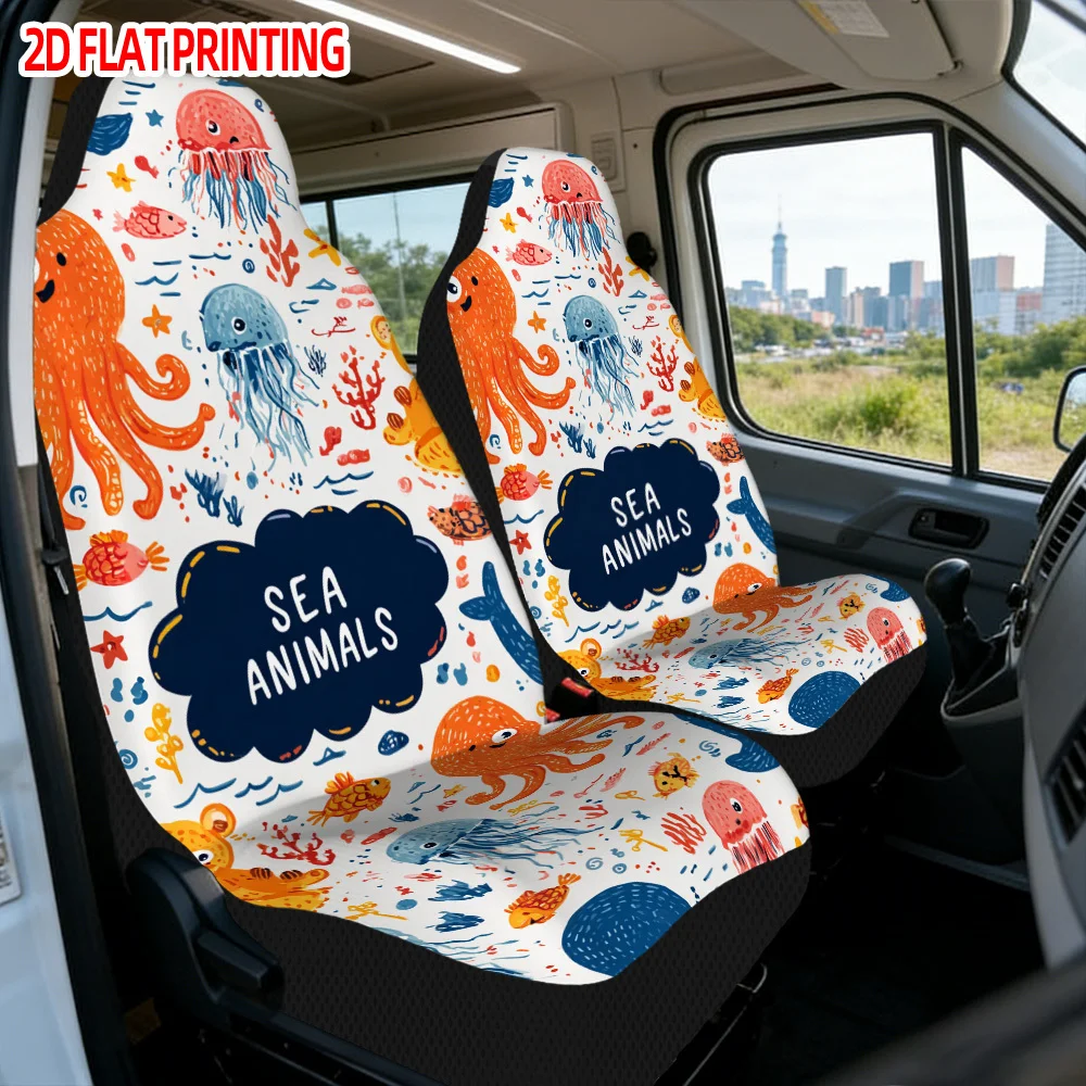 2pcs Universal Car Seat Covers With Sea Animals Cartoon Illustration Print Soft All-Season Seat Cushion Protectors Fits Most Sed
