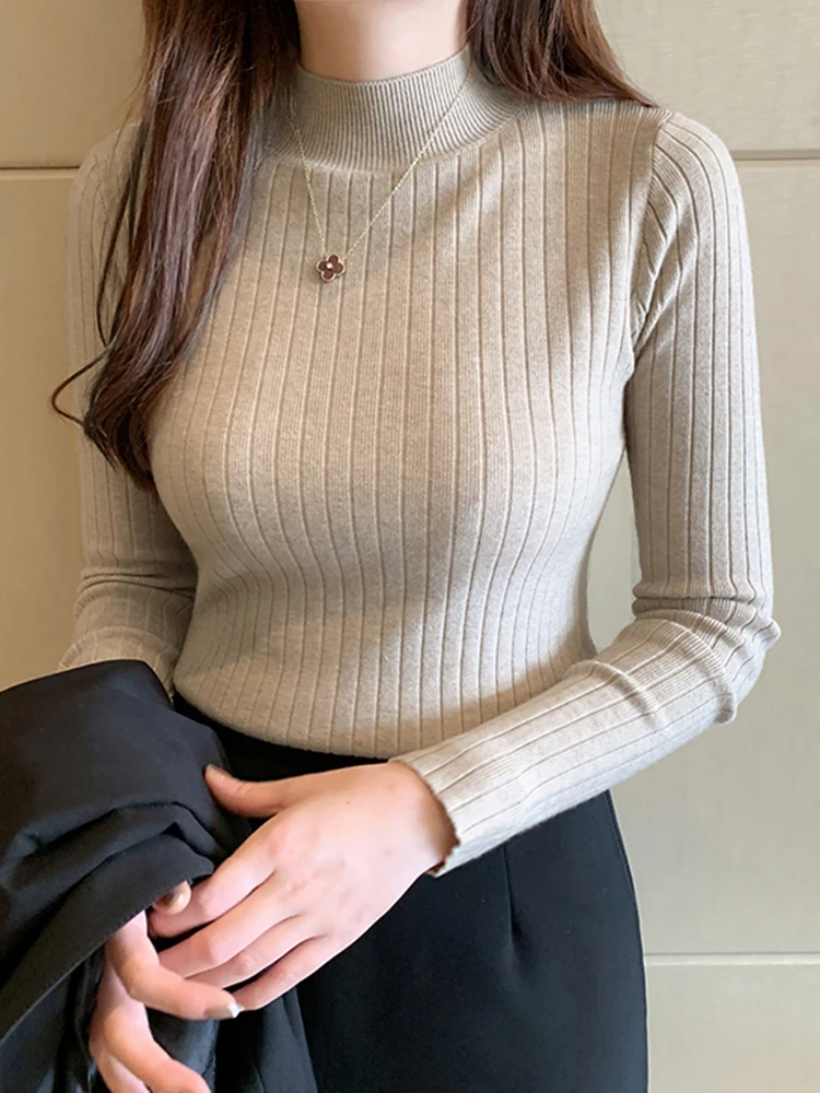 2024 New Autumn Winter Knitted Ribbed Jumper Tops Women Turtleneck Pullovers Sweaters Long Sleeve Korean Slim-fit Female Sweater