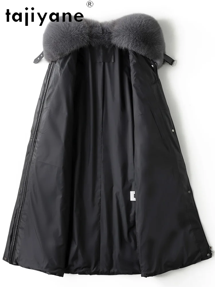 TAJIYANE الأبيض أوزة أسفل الجلد الحقيقي سترة منفوخة النساء 100% جلد الغنم طويل أسفل معاطف الثعلب الفراء طوق الملابس الشتوية 2025