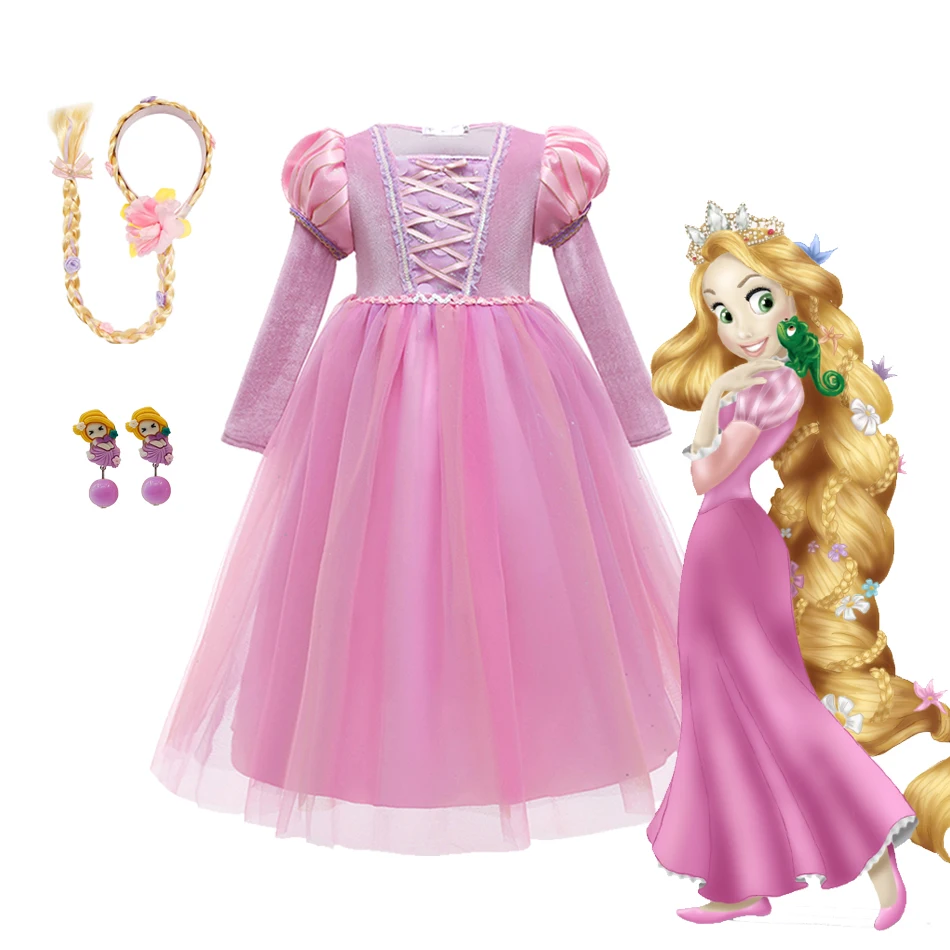 Disney Princess Rapunzel Pink Dress Girls Birthday Puffy Mesh Dress Children Birthday Carnival Party Winter Clothes 2-12T