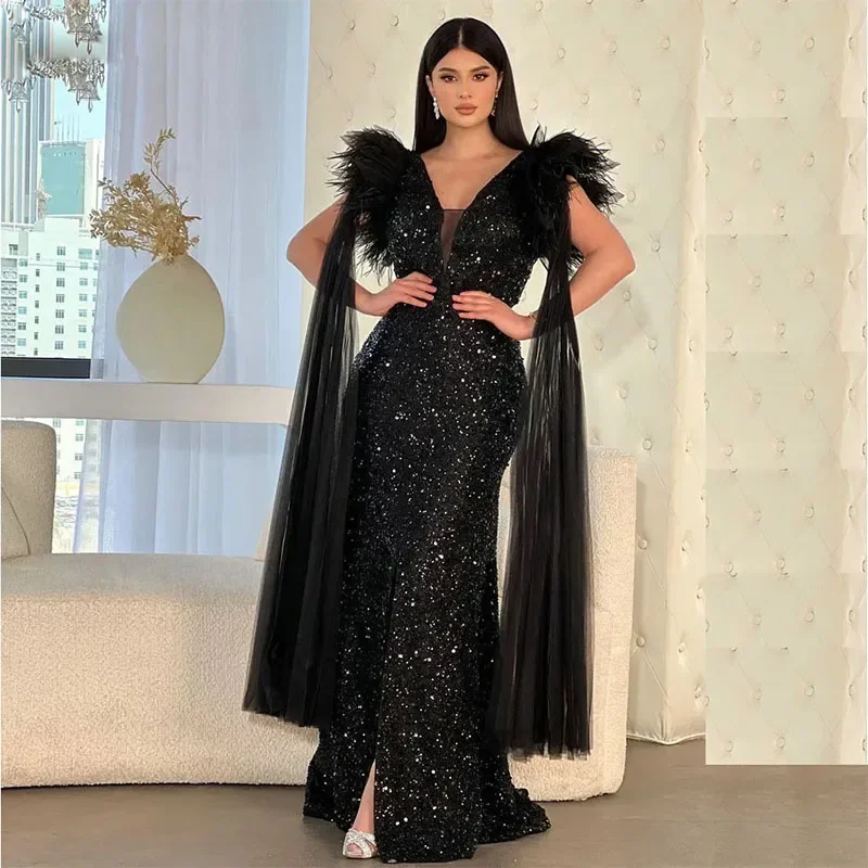 Flora Dress Black Sequin V-Neck Prom Evening Dresses Feather Sleeve Saudi Arabic Formal Party Gown Front Split Long Prom Gown