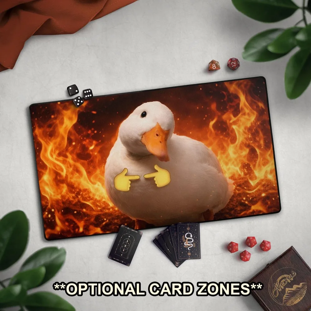 Funny Duck TCG Playmat With EDH Commander Card Zones, Cute Duck & Fire, TCG Gag Gift, Large Extended Play Mat, Evil? Duck