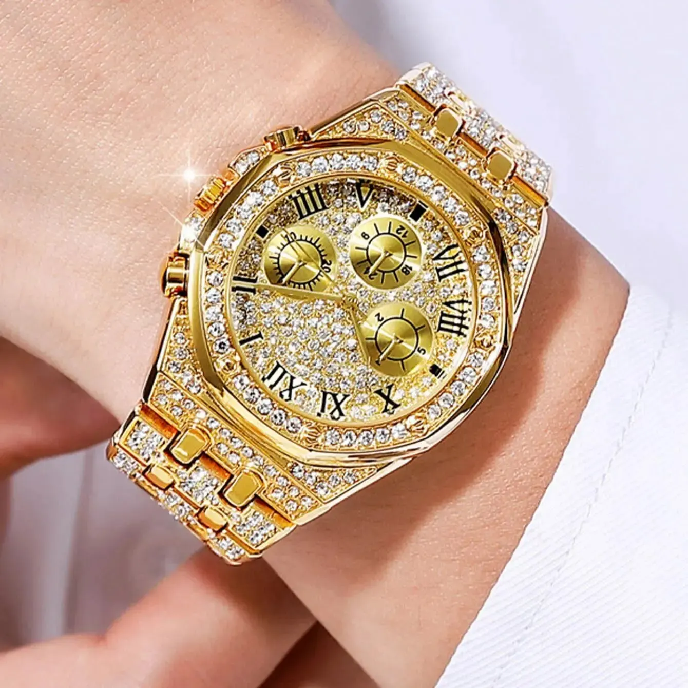 2Pcs Fashion Trend Luxury Luxury Hip Hop Three Eyes Rome Full Of Diamonds British Watch Atmospheric Diamond Bracelet Gift Set