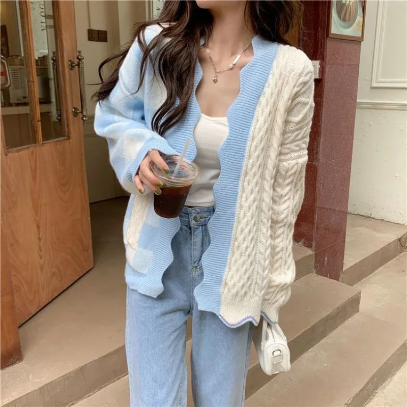 Sweet Patchwork Cardigans for Women Fashion Sweaters Aesthetic Autumn Girlish Coat Loose Chic Knitted Designed Tender Feminine