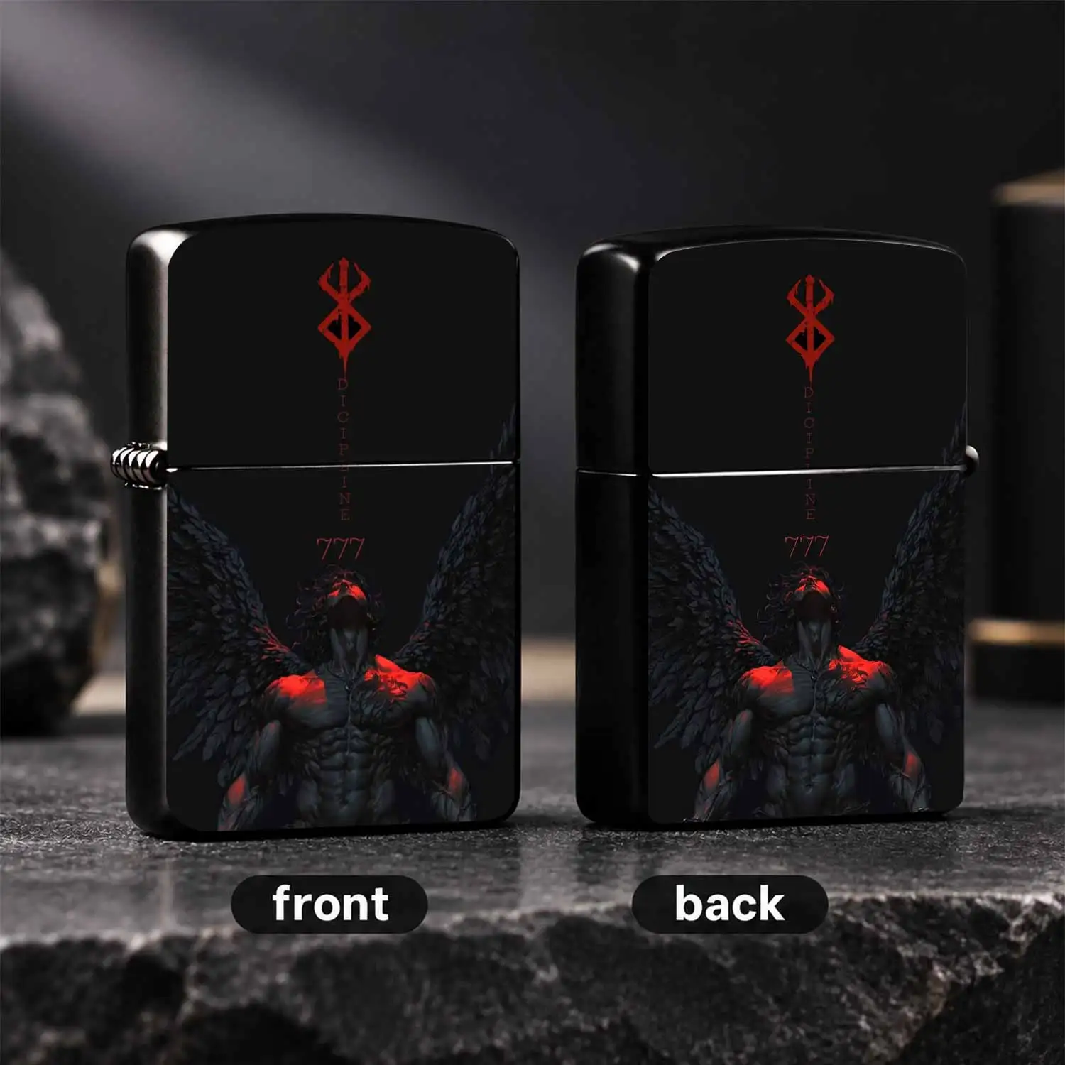 Dark Fallen Angel Themed Lighter With Bloody Red Brand Mark Discipline 777 Print, Cool Aesthetic Portable Ignition Device For Daily Multi Scenario Use, Unique Stylish Decorative Collectible Great Gift Choice For Gothic Style Enthusiasts A H