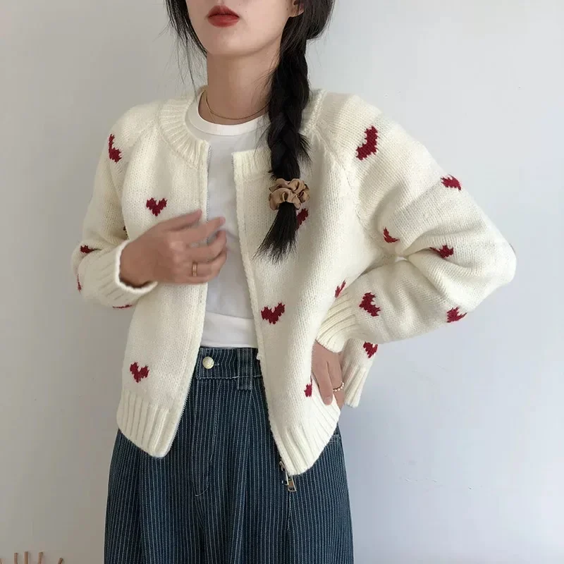 Deeptown White Vintage Women Knit Cardigan Love Embroidery Korean Fashion Long Sleeve Sweaters Slim Autumn Winter Kawaii Sweet